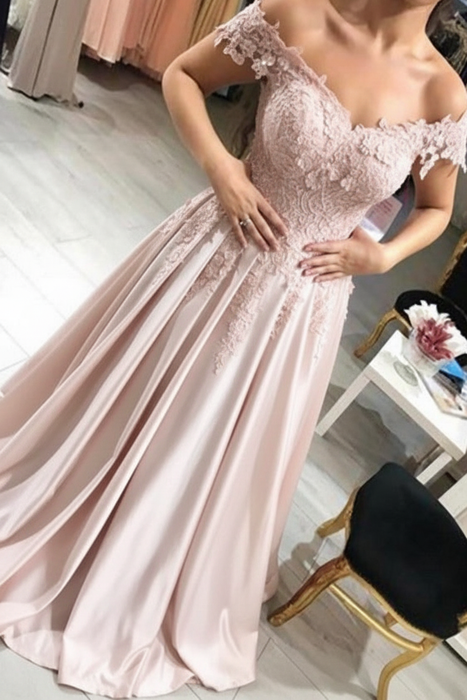 Blush Pink Off-the-Shoulder Lace Applique Satin Aline Evening Dresses