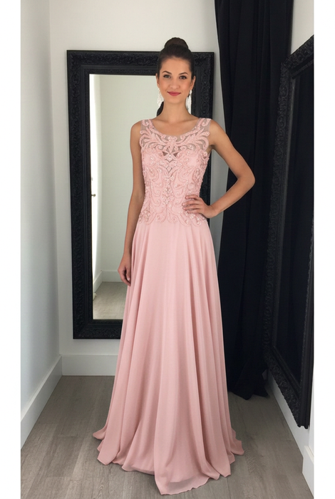 Blush Pink Chiffon A-Line Prom Dress Scoop Neck with Lace Appliques