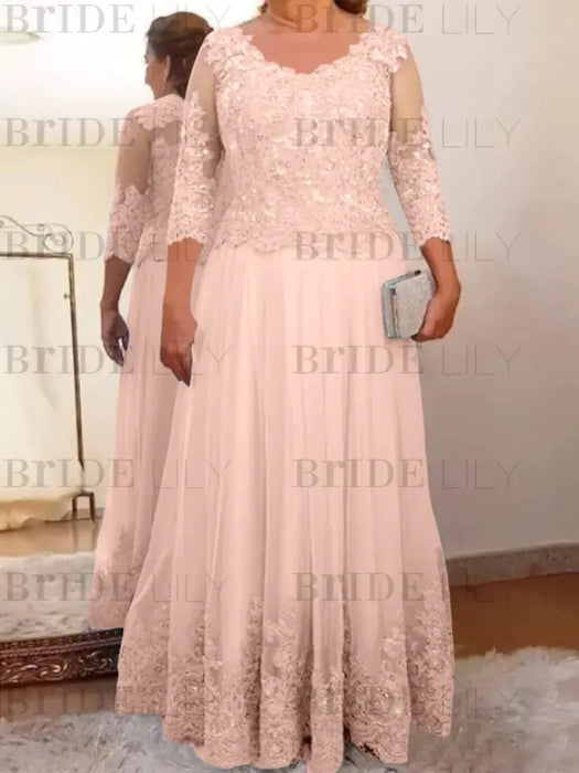 Blush pink lace and tulle gown on plus size model