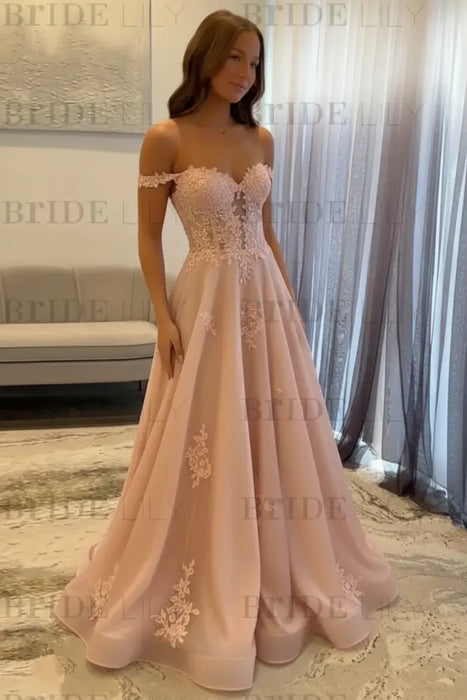 Blush Pink Off-the-Shoulder A-line Evening Dress Lace Prom Dress Long