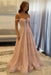Blush Pink Off-the-Shoulder A-line Evening Dress Lace Prom Dress Long