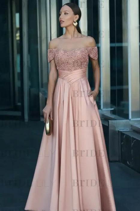 Blush Pink Off-the-Shoulder Satin Aline Formal Dress with Beadings