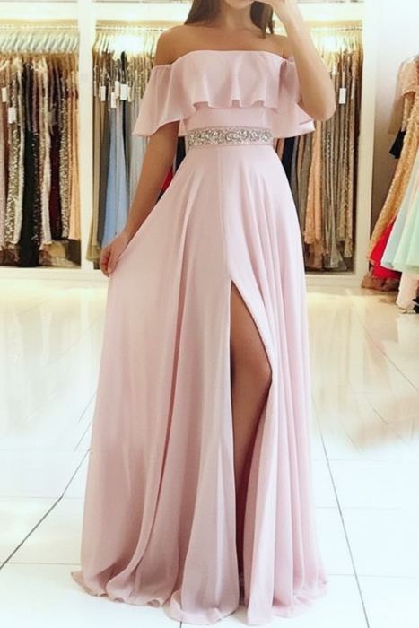 Off Shoulder Sky Blue Prom Dress with Beading - Bridelily Off Shoulder Sky Blue Prom Dress with Beading - Bridelily