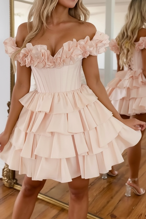 Blush Pink Off-the-Shoulder Satin Corset Graduation Dress Short Cocktail Dress