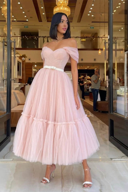 Blush Pink Off-The-Shoulder Tulle Prom Gown with Sweetheart Neckline and Belts