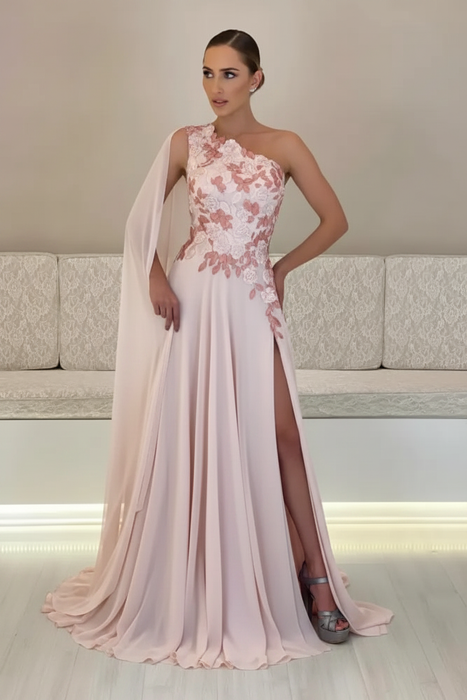 Blush Pink One-Shoulder Sleeveless Chiffon Evening Dresses Long with Side Slit - Prom Dresses