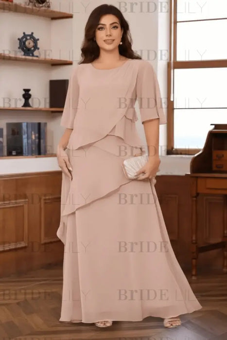 Blush Pink Plus Size Ruffles Chiffon Mother of the Bride Dress Scoop Neck with Half Sleeves