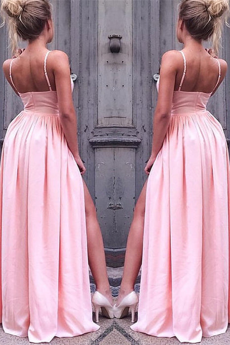 Blush Pink Prom Gown with Flirty Spaghetti Straps and Daring Leg Slit