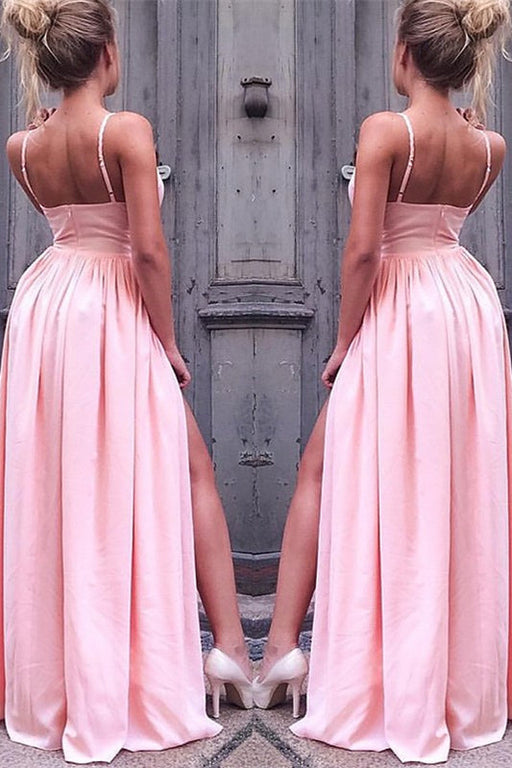 Blush Pink Prom Gown with Flirty Spaghetti Straps and Daring Leg Slit