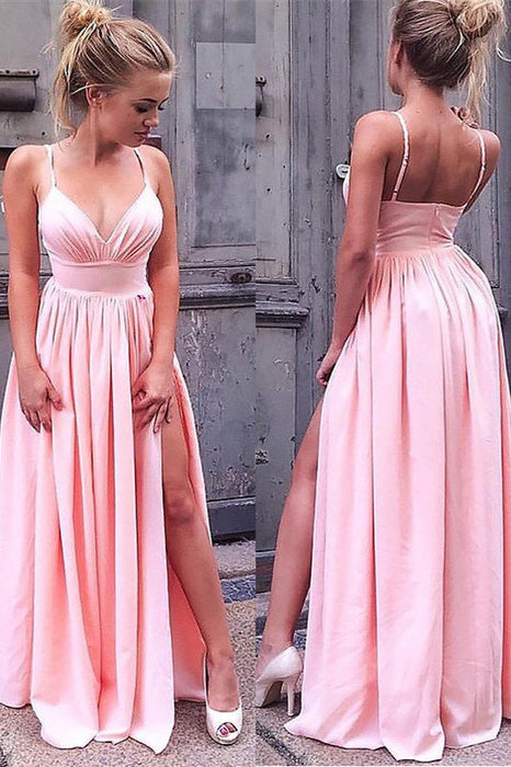 Blush Pink Prom Gown with Flirty Spaghetti Straps and Daring Leg Slit