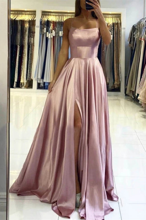 Blush Pink Prom Gown with Sultry Spaghetti Straps and Thigh-High Slit