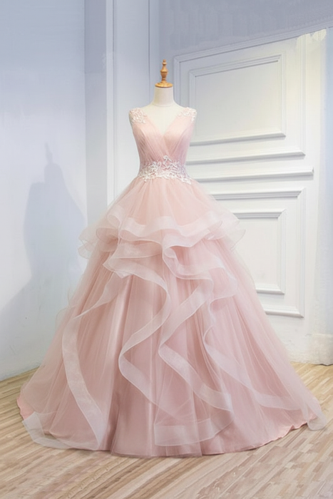 Blush Pink Puffy V Neck Sleeveless Tulle Prom with Appliques Long Quinceanera Dress - Prom Dresses