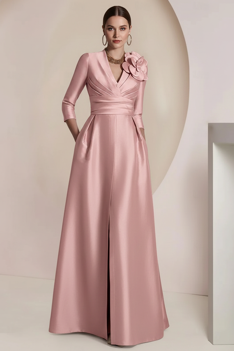 Blush Pink Satin V-Neck Mother of the Bride Dress with 3/4 Sleeves with Split Front