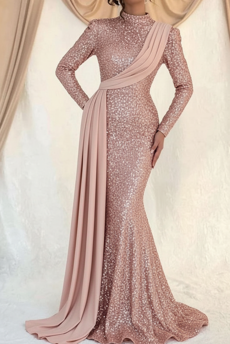 Blush Pink Sequins Long Sleeves High Collar Mermaid Prom Dress with Ruffle