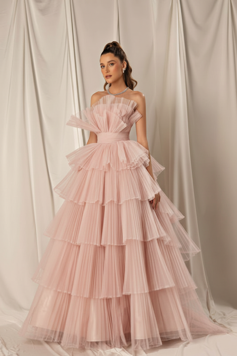Blush Pink Strapless Mermaid Evening Gown with Layers and Sleeveless Design
