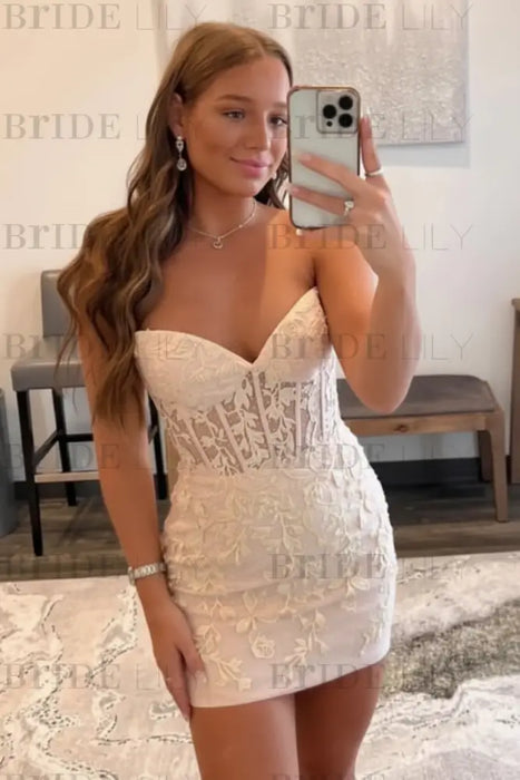 Blush Pink Strapless Beaded Short Lace Prom Dresses Sweetheart Tight Homecoming Dresses