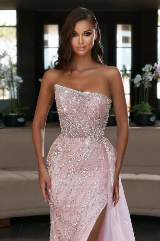 Blush Pink Strapless Mermaid Prom Dress with Sequins and Ruffled Split Online
