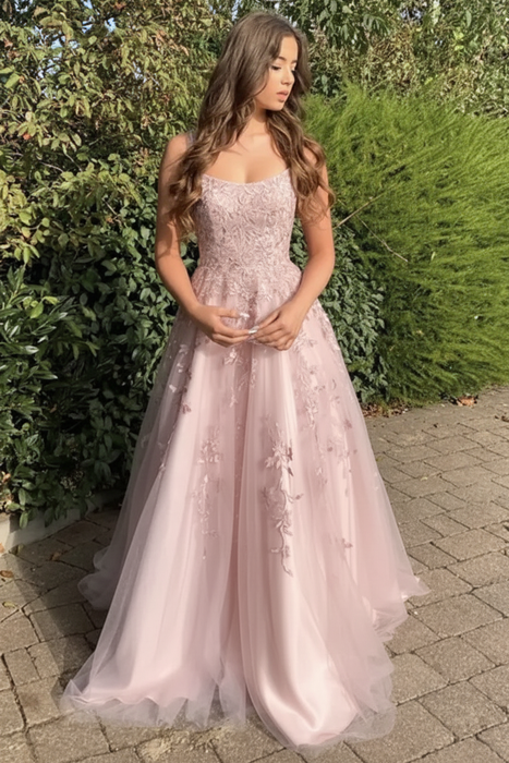 Blush Pink Stylish Lace Long Prom Dress with Spaghetti Straps