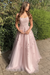 Blush Pink Stylish Lace Long Prom Dress with Spaghetti Straps