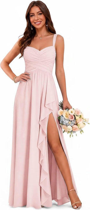 Women's Chiffon Bridesmaid Dresses Long Evening Formal Gown with Slit - Blush Pink