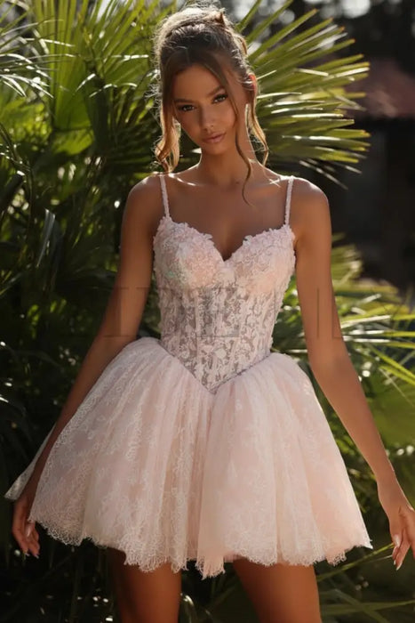 Blush Pink Sweetheart Tulle Lace Short Aline Wedding Dress Spaghetti Straps - wedding dresses