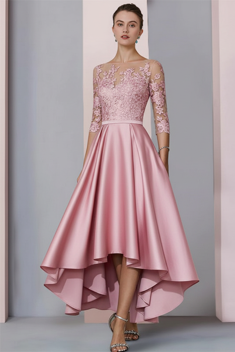 Blushing Pink Mermaid Satin Hi-Lo Mother of-Bride Dress with Appliques - Prom Dresses