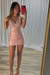 Blushing Pink Spaghetti Straps Satin Tight Short Homecoming Dress with Beadings