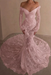 Blushing Pink Off-the-Shoulder Lace Mermaid Wedding Dress with Long Sleeves