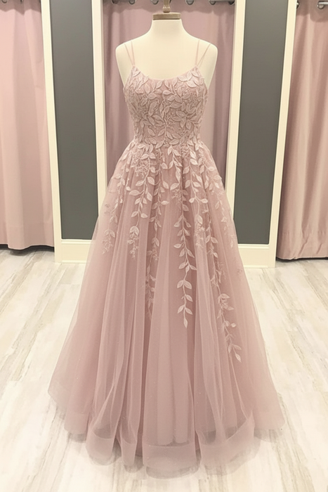 Blushing Pink A Line Lace Long Prom Dresses