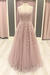 Blushing Pink A Line Lace Long Prom Dresses
