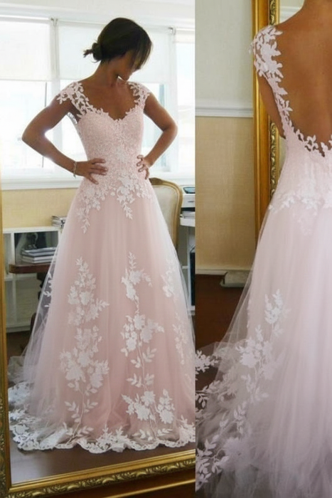 Blushing Pink A-Line Lace Straps Pretty Sleeveless Wedding Dress - Wedding Dresses