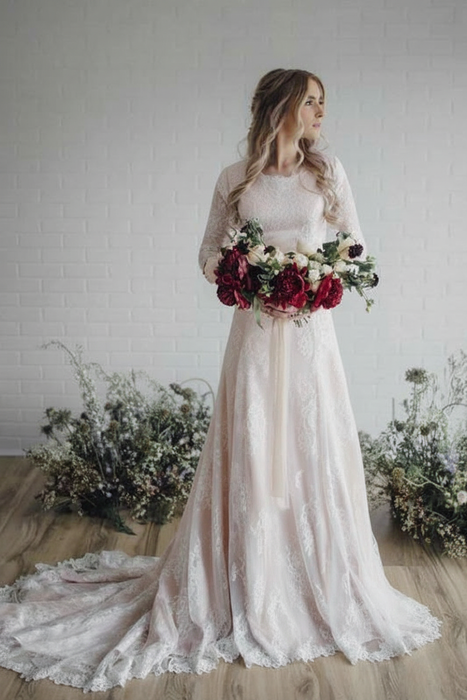 Blushing Pink A Line Long Sleeve Lace Vintage Wedding Dress - Wedding Dresses