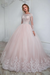 Blushing Pink Aline Wedding Gown Long Sleeves Tulle Bridal Dress with Lace Appliques