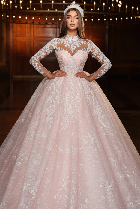 Blushing Pink Lace Beaded Long Sleeves A-Line Floor-Length Wedding Dress