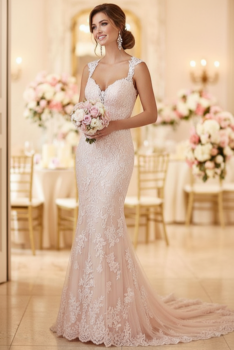 Blushing Pink Wedding Bridal Gowns Mermaid Queen Annie Neck Sleeveless Lace Bridal Gowns