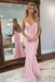 Blushing Pink Backless Mermaid Prom Dress Long V Neck