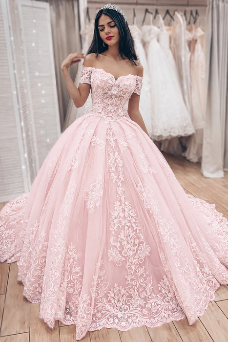 Blushing Pink Ball Gown Off the Shoulder with Lace Appliques Gorgeous Wedding Dress - Wedding Dresses