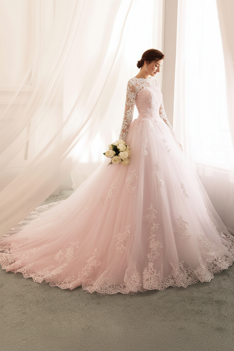 Blushing Pink wedding dresses princess silhouette bateau neck long sleeve natural waist lace tulle bridal gowns
