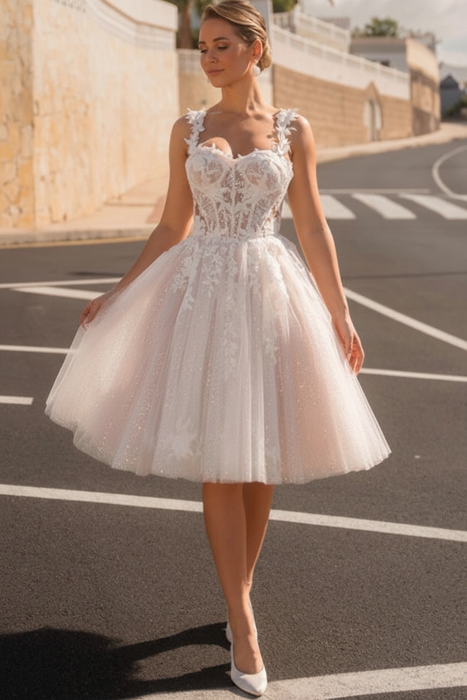 Blushing Pink Beautiful Sleeveless Tulle Aline Wedding Dress Short with Lace Appliques