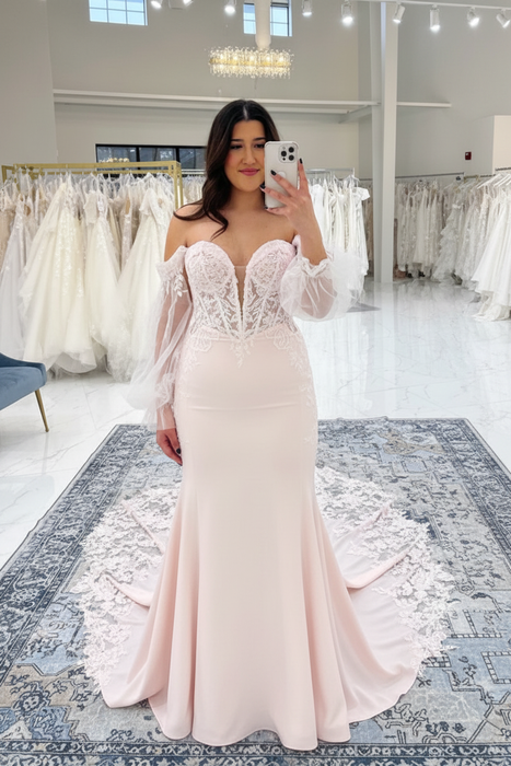 Blushing Pink Beautiful Sweetheart Appliques Lace Mermaid Wedding Dresses - Wedding Dresses