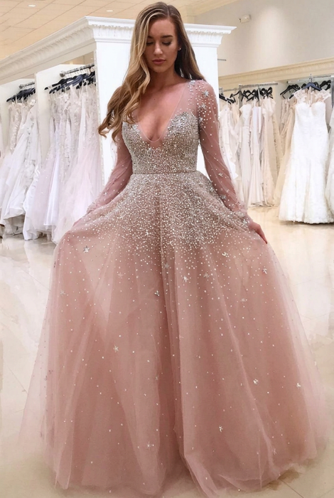 Blushing Pink Bridelily A-line Long Sleeves V-neck Floor-length Tulle Pearls Prom Dresses