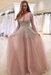 Blushing Pink Bridelily A-line Long Sleeves V-neck Floor-length Tulle Pearls Prom Dresses