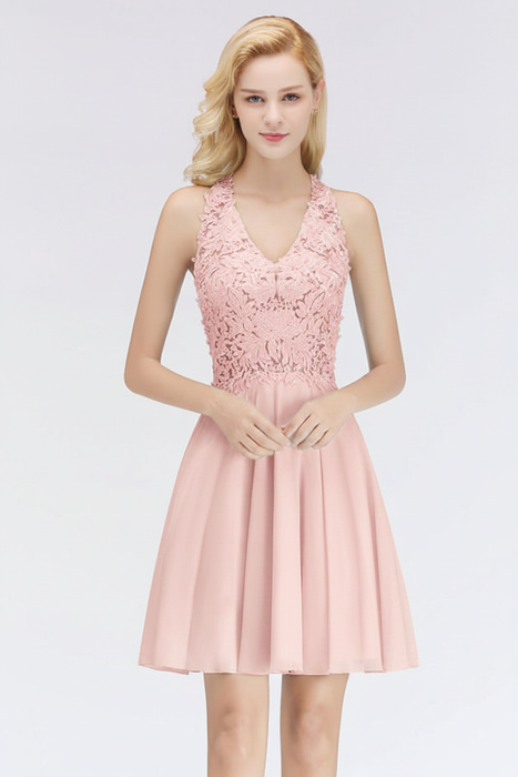 Blushing Pink V-Neck Short Lace Bridesmaid Dresses