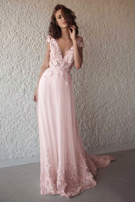 Blushing Pink Cap Sleeve V Neck Beach Boho Appliques Wedding Dress - Wedding Dresses