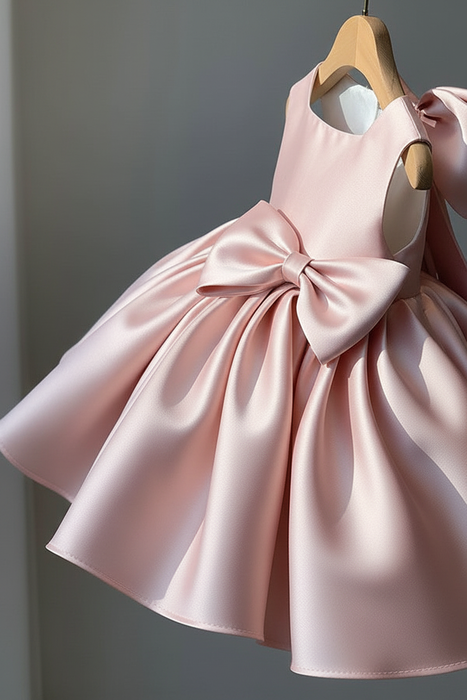 Blushing Pink Cute Satin Princess Ball Gown Mini Flower Girl Dresses with Bow