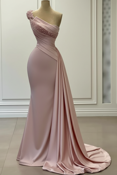 Blushing Pink Delicate One-Shoulder Beaded A-Line Sleeveless Ruched Satin Wedding Dress