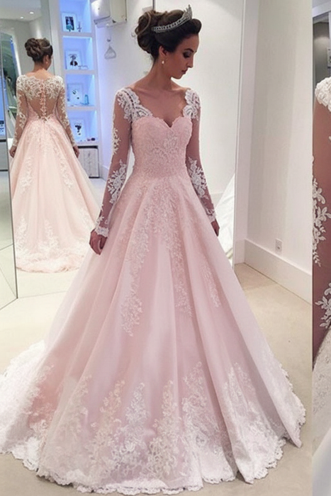 Blushing Pink Elegant A-line V Neck Long Sleeves Wedding Dress - Wedding Dresses