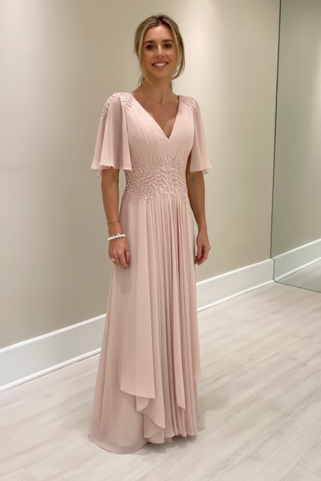 Blushing Pink Elegant Half Sleeves V-neck Aline Wedding Guest Dress Chiffon Mother of the Bride Dress - Prom Dresses