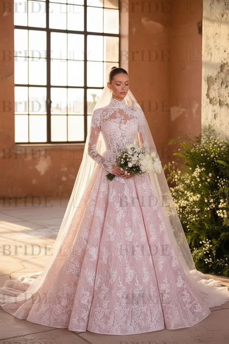 Blushing Pink Elegant High Neck Long Sleeves A-Line Appliques Lace Wedding Dress