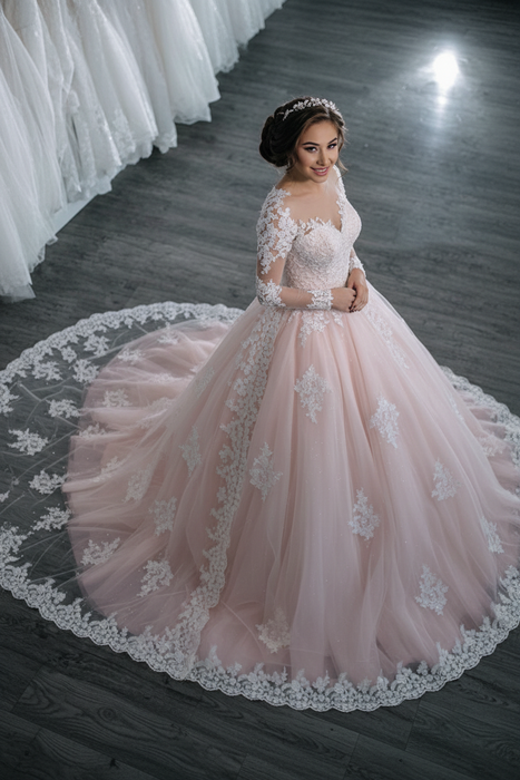 Blushing Pink Elegant Long Sleeves Lace Appliques Ball Gown Wedding Dresses - wedding dresses